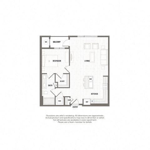 Floor plan for 1 bed, 1 bath, 839 sqft