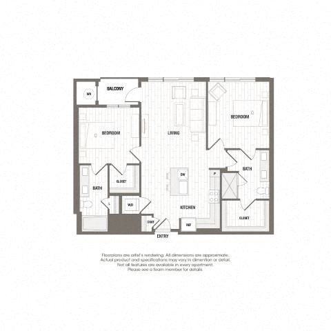 Floor plan for 2 beds, 2 baths, 1037 sqft