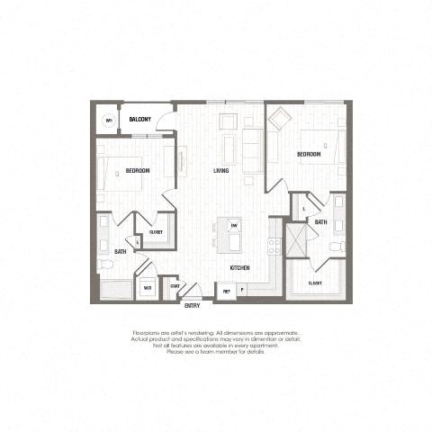 Floor plan for 2 beds, 2 baths, 1079 sqft