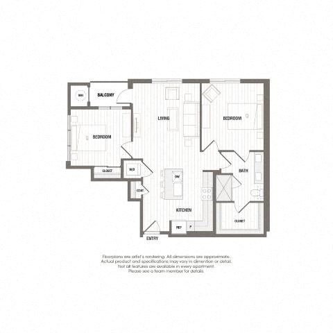 Floor plan for 2 beds, 2 baths, 1140 sqft