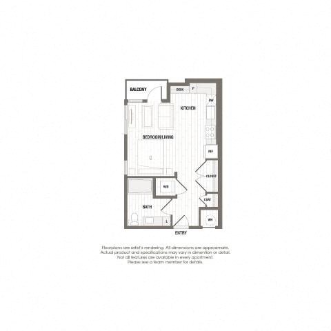 Floor plan for studio, 1 bath, 543 sqft