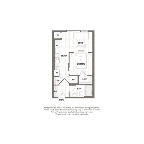 Floor plan for studio, 1 bath, 543 sqft