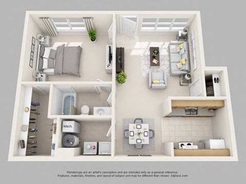 Floor plan for 1 bed, 1 bath, 840 sqft