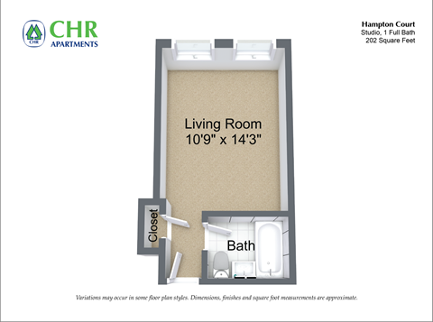 Floor plan for studio, 1 bath, 625 sqft