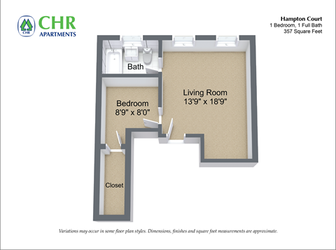 Floor plan for 1 bed, 1 bath, 991 sqft