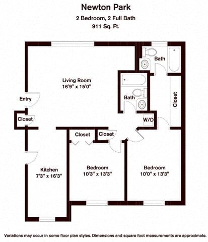 Floor plan for 2 beds, 2 baths, 911 sqft