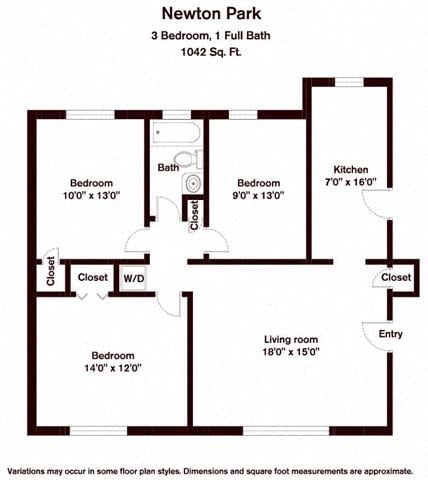 Floor plan for 3 beds, 1 bath, 1042 sqft