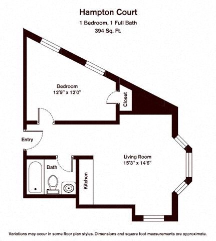 Floor plan for 1 bed, 1 bath, 594 sqft