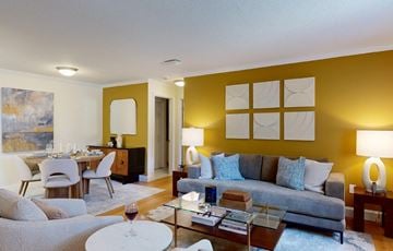 Plainville apartment for rent - A living room with a grey couch and a painting on the wall.