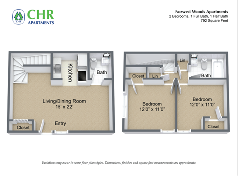 Floor plan for 1 bed, 1.5 baths, 700 sqft