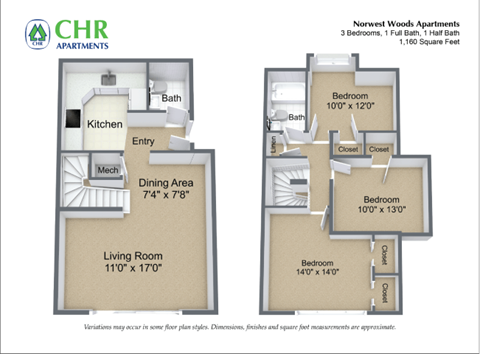 Floor plan for 2 beds, 1.5 baths, 1160 sqft