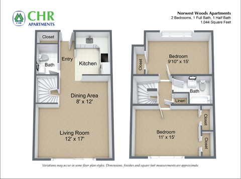 Floor plan for 2 beds, 1.5 baths, 1150 sqft