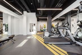 Allston apartment for rent - Gym featuring Mirror, Peloton Bike, treadmills, and weights
