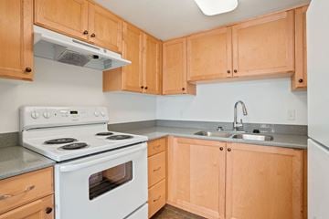 Salt Lake City apartment for rent - A kitchen with a white stove and wooden cabinets.