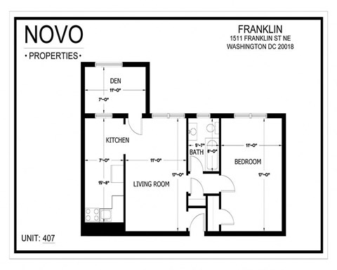 Floor plan for 1 bed, 1 bath, 672 sqft