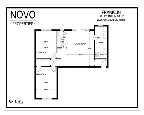Floor plan for 2 beds, 1 bath, 894 sqft