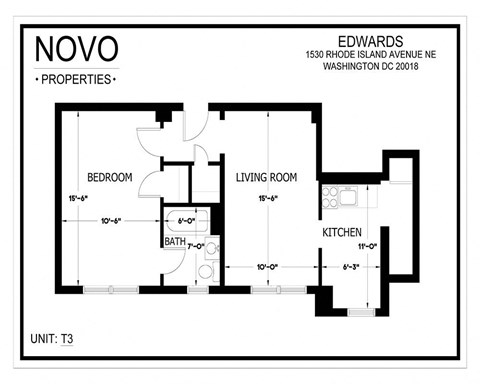 Floor plan for 1 bed, 1 bath, 732 sqft