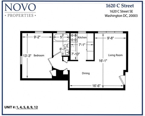 Floor plan for 1 bed, 1 bath, 550 sqft
