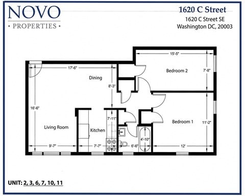Floor plan for 2 beds, 1 bath, 700 sqft