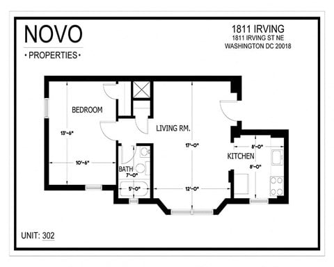 Floor plan for 1 bed, 1 bath, 450 sqft