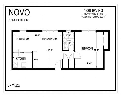 Floor plan for 1 bed, 1 bath, 700 sqft