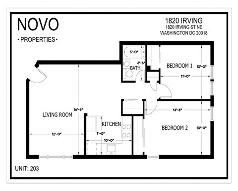 Floor plan for 2 beds, 1 bath, 800 sqft