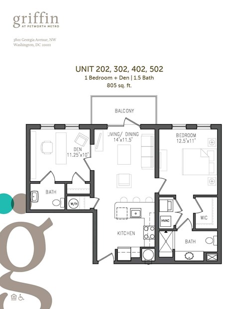 Floor plan for 1 bed, 1.5 baths, 805 sqft