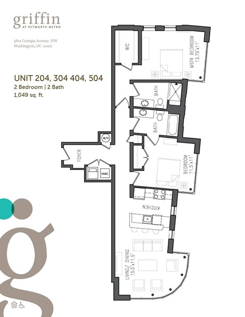Floor plan for 2 beds, 2 baths, 860 sqft