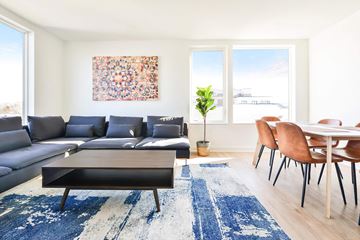 Washington apartment for rent - A living room with a blue rug and a grey couch.