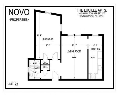 Floor plan for 1 bed, 1 bath, 542 sqft