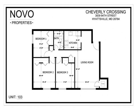 Floor plan for 3 beds, 1 bath, 1100 sqft