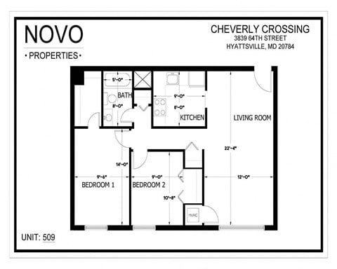 Floor plan for 2 beds, 1 bath, 875 sqft