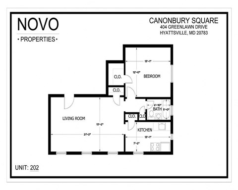 Floor plan for 1 bed, 1 bath, 590 sqft