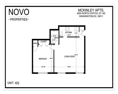 Floor plan for 1 bed, 1 bath, 640 sqft