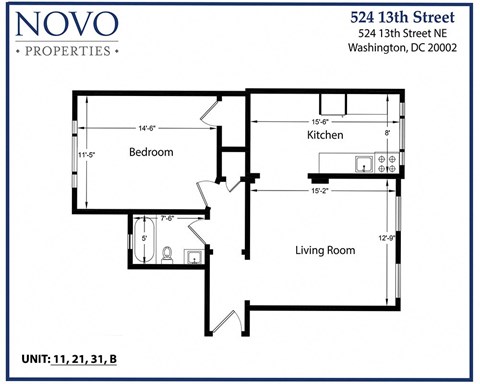 Floor plan for 1 bed, 1 bath, 610 sqft