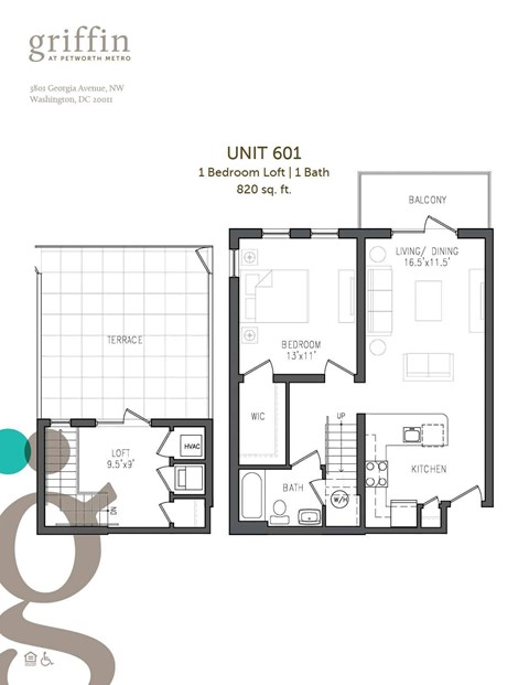 Floor plan for 1 bed, 1.5 baths, 960 sqft