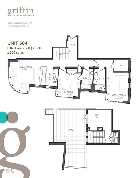 Floor plan for 2 beds, 2 baths, 1305 sqft