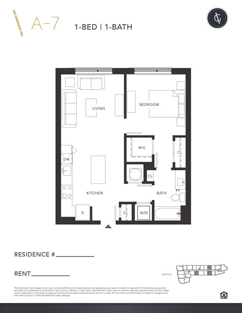 Floor plan for 1 bed, 1 bath, 685 sqft