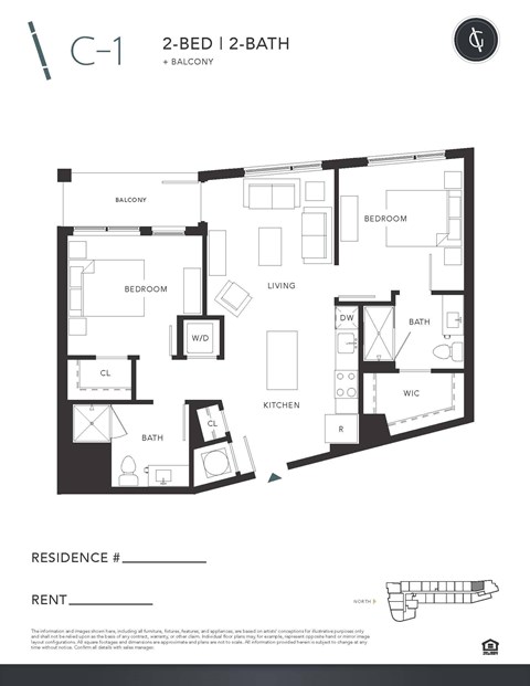 Floor plan for 2 beds, 2 baths, 895 sqft