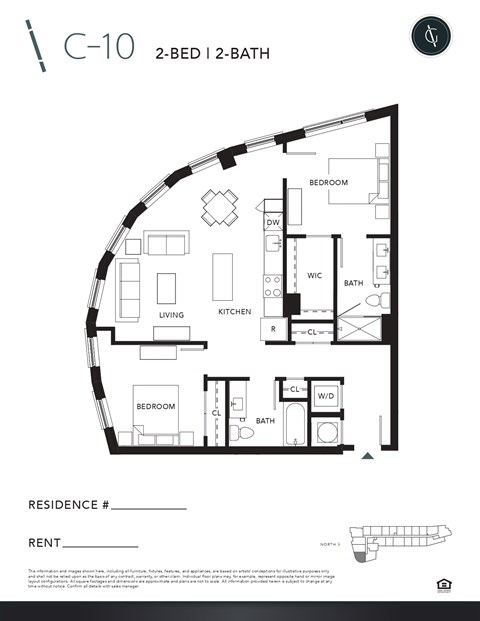 Floor plan for 2 beds, 2 baths, 999 sqft