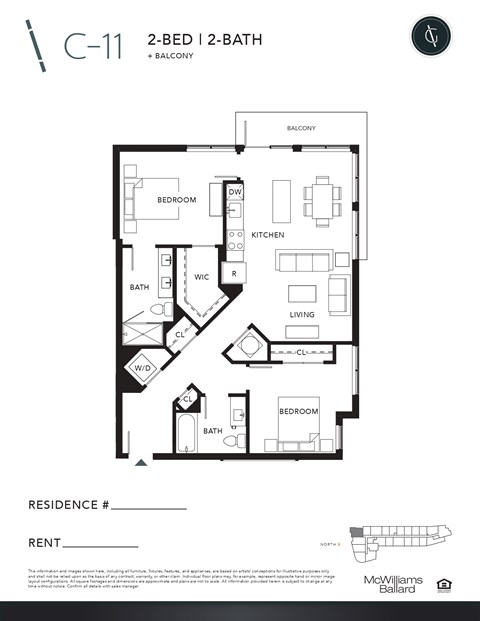 Floor plan for 2 beds, 2 baths, 1090 sqft