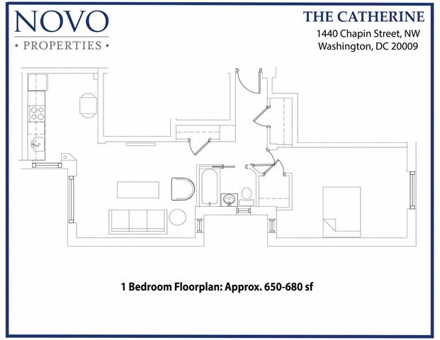 Floor plan for 1 bed, 1 bath, 650 sqft