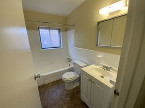 Silver Spring apartment for rent - A bathroom with a toilet, sink, and mirror.
