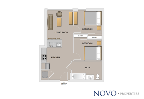 Floor plan for 2 beds, 1 bath, 689 sqft