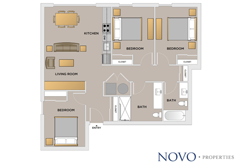 Floor plan for 3 beds, 2 baths, 1024 sqft