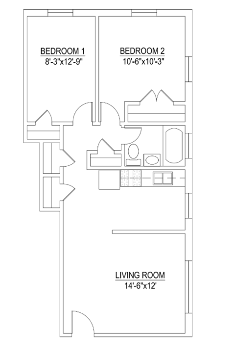 Floor plan for 2 beds, 1 bath, 650 sqft