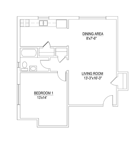 Floor plan for 1 bed, 1 bath, 700 sqft