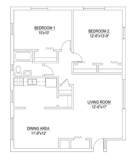 Floor plan for 2 beds, 1 bath, 840 sqft