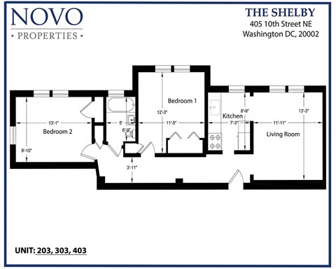 Floor plan for 2 beds, 1 bath, 795 sqft