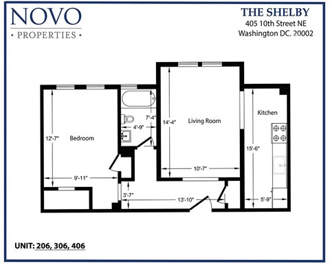 Floor plan for 1 bed, 1 bath, 625 sqft